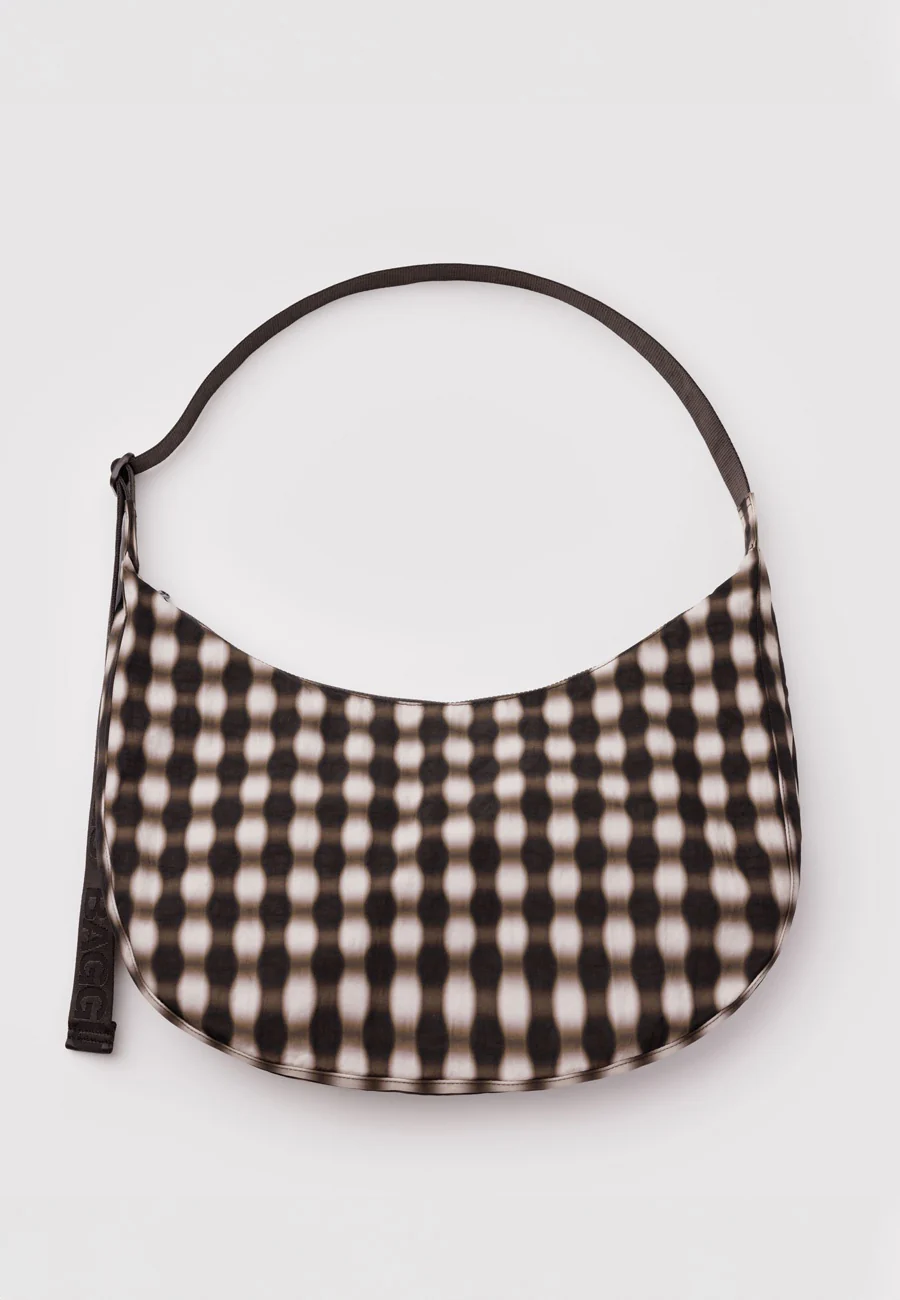 Baggu Large Nylon Crescent Bag Blurred Gingham Brown