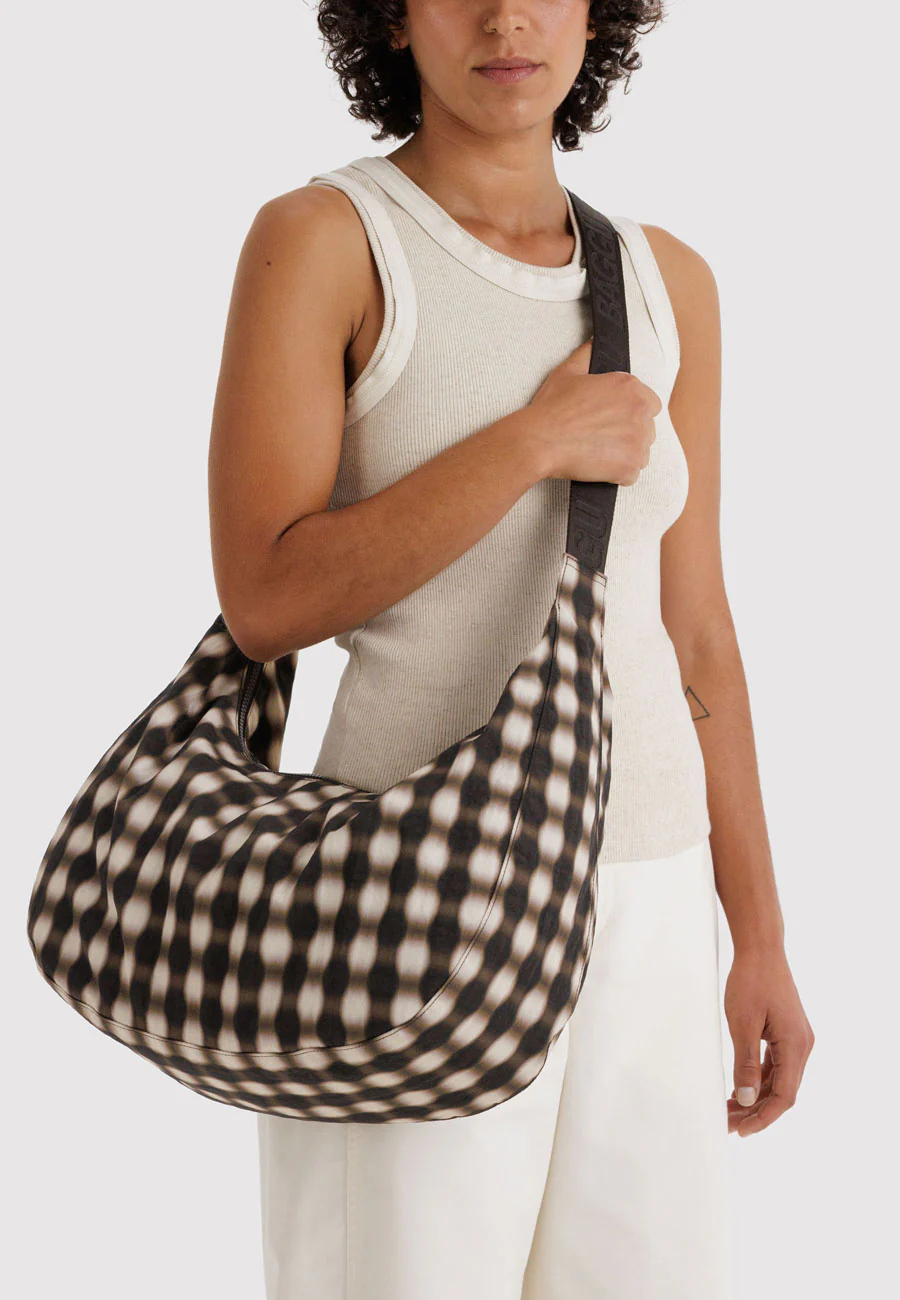 Baggu Large Nylon Crescent Bag Blurred Gingham Brown - Image 2