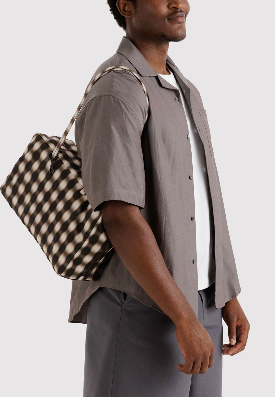 Baggu Medium Nylon Bowler Bag Blurred Gingham Brown - Image 2
