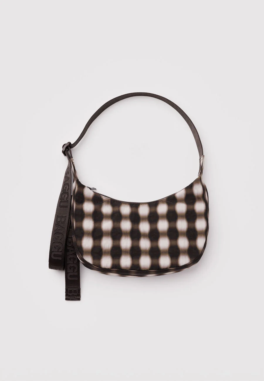 Baggu Small Nylon Crescent Bag Blurred Gingham Brown