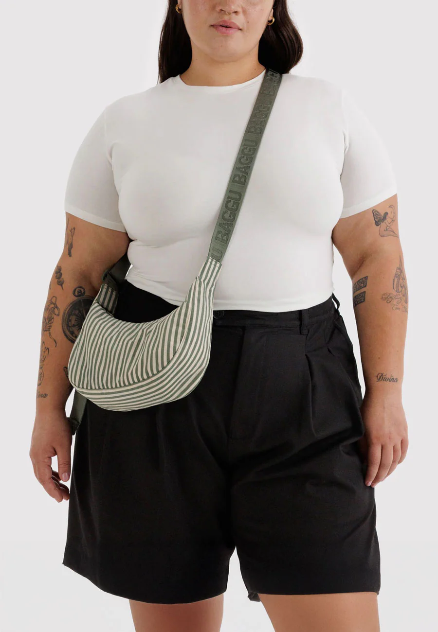 Baggu Small Nylon Crescent Bag Sage Stripe - Image 2