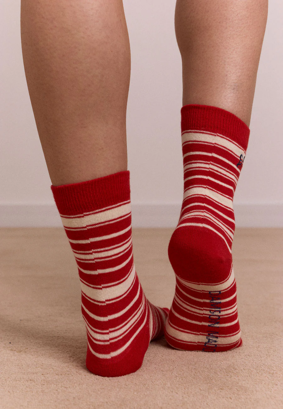 Damson Madder Calf Length Socks Cream & Red Stripe - Image 3