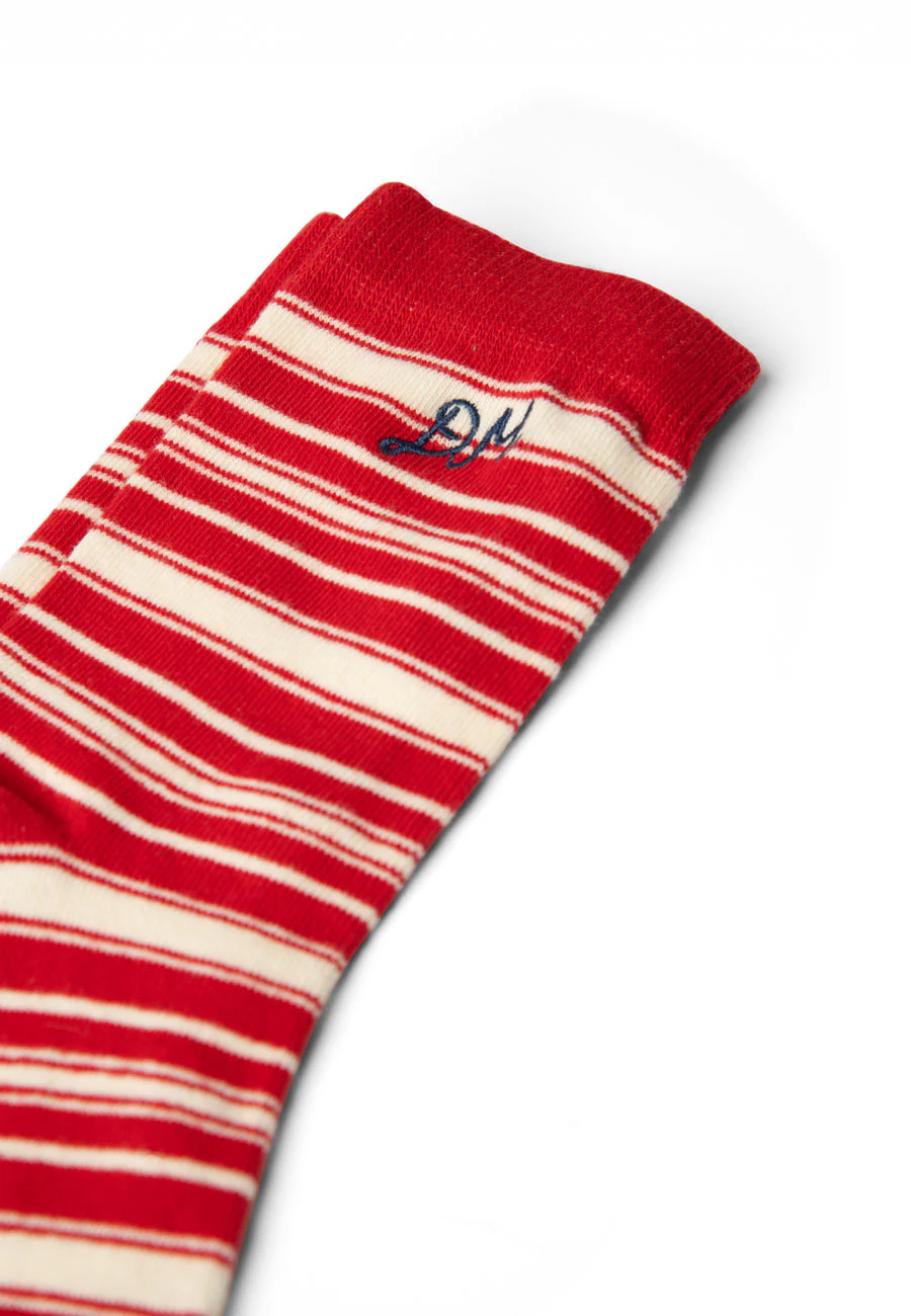Damson Madder Calf Length Socks Cream & Red Stripe - Image 4