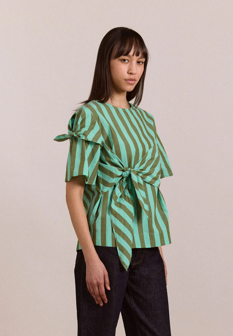 Damson Madder Estelle T-Shirt Blouse Aqua Olive Stripe - Image 2