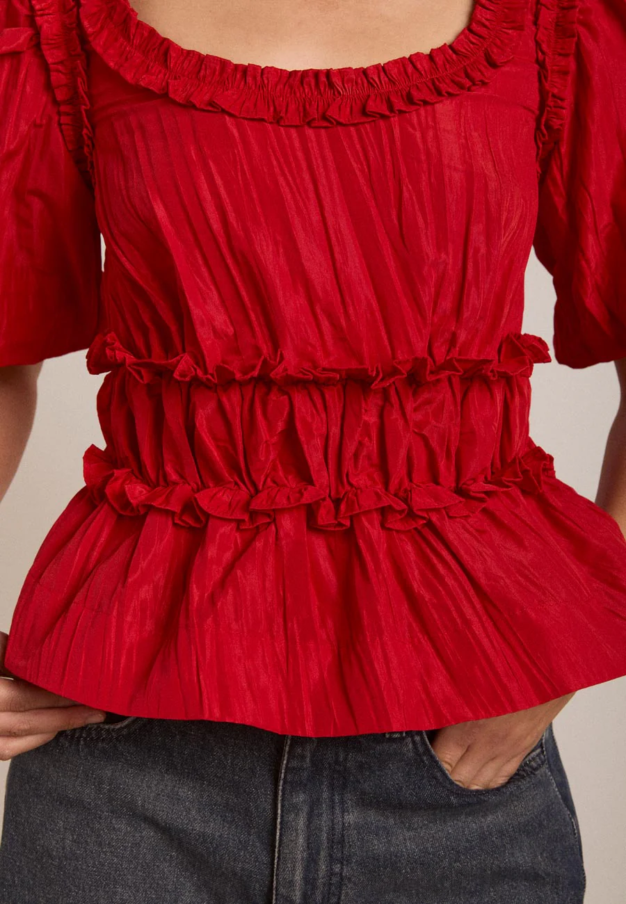 Damson Madder Everly Ruffle Blouse Red Tafetta - Image 5