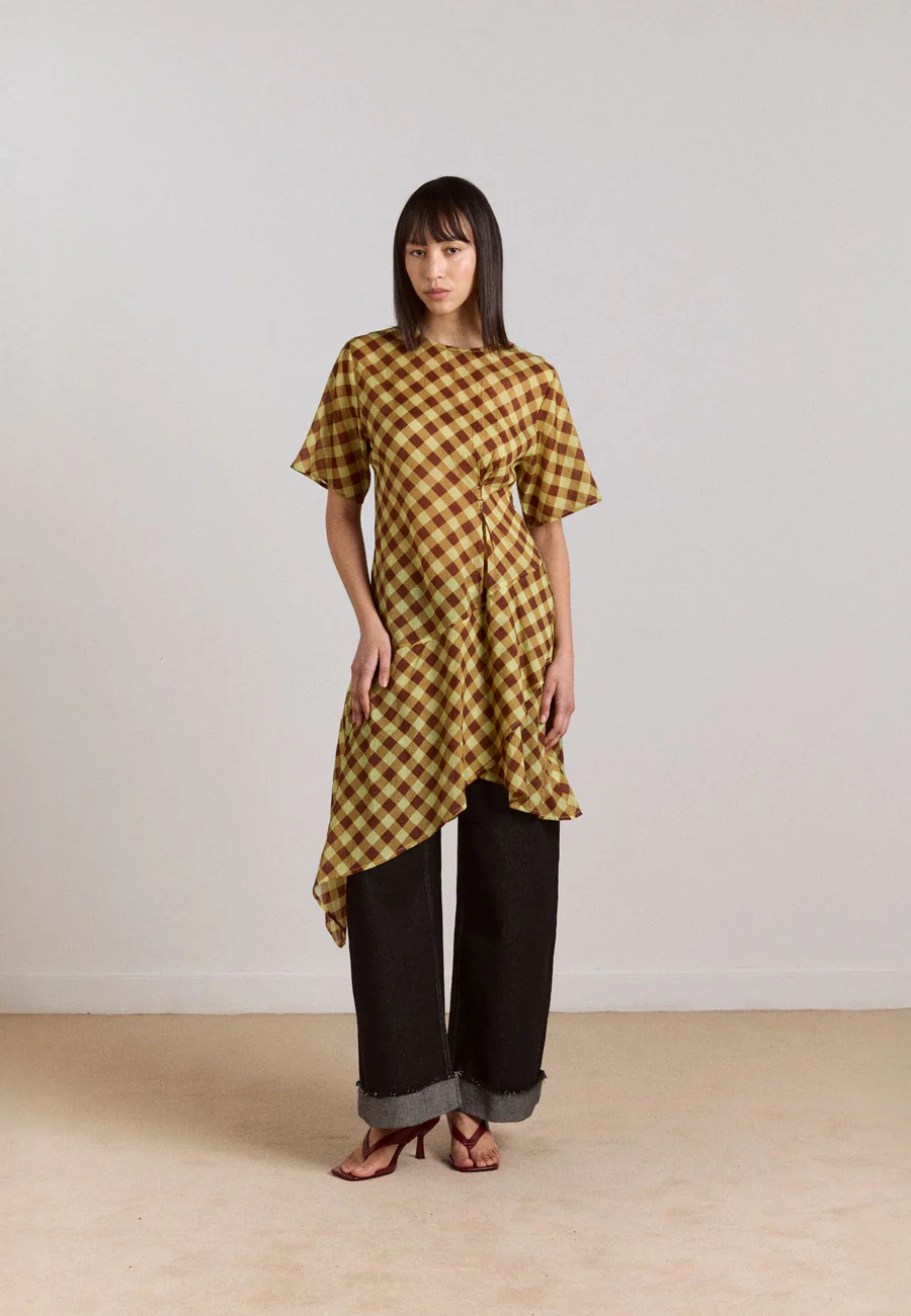 Damson Madder Harmony Sheer Midi Dress Choc Avo Gingham