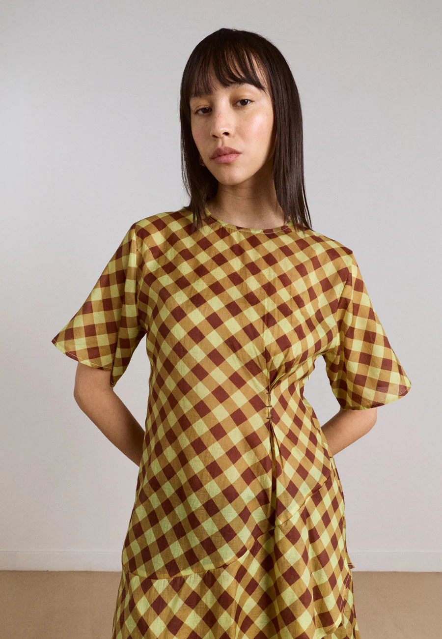 Damson Madder Harmony Sheer Midi Dress Choc Avo Gingham - Image 2