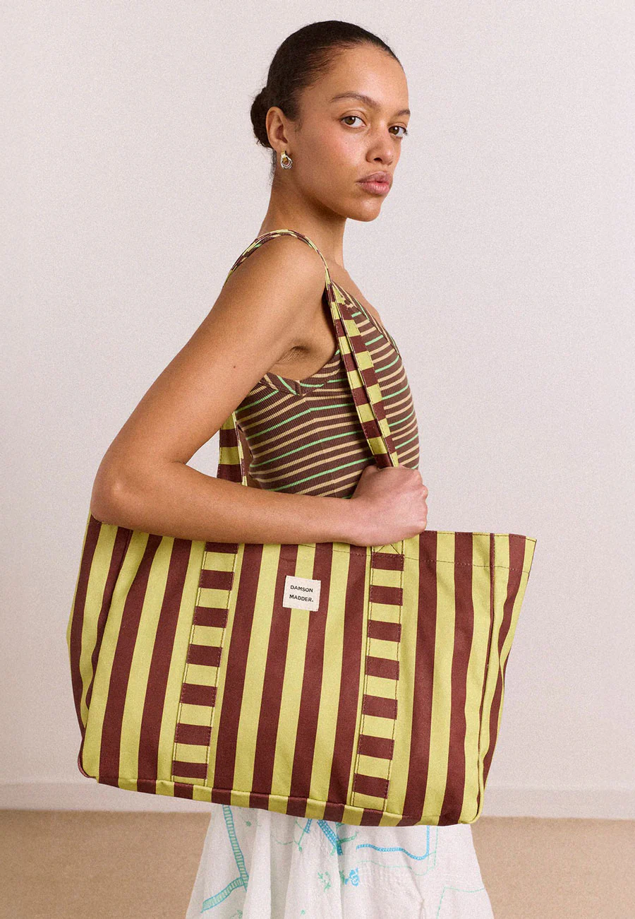 Damson Madder Large Canvas Tote Bag Green Stripe