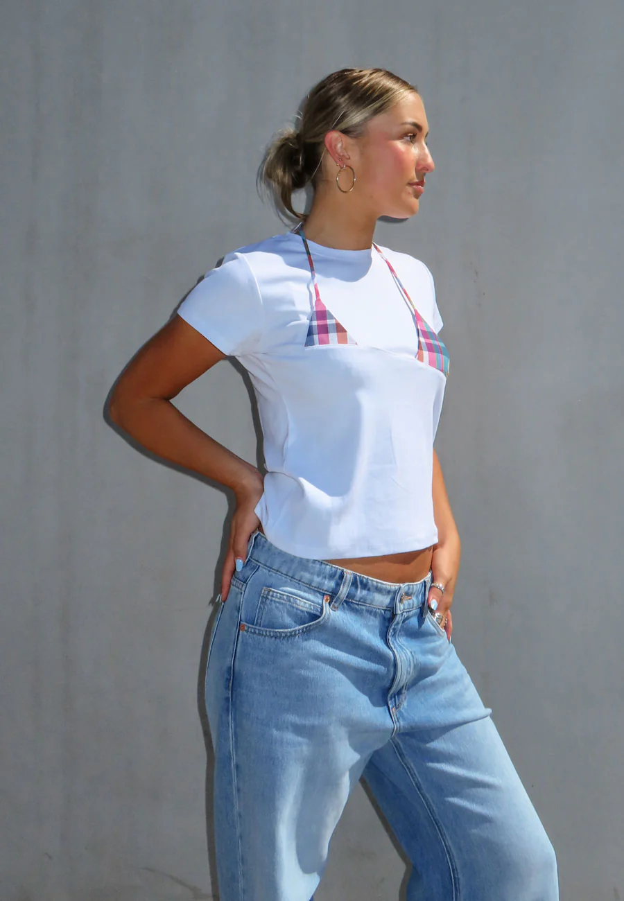Rhoda Nunn Off-Cut Tee White Pink Madras - Image 3